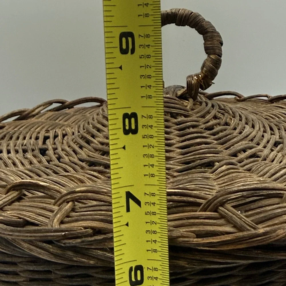 Vintage Round Wicker Sewing Basket Paisley Fabric Lining Dark Brown Storage Lid